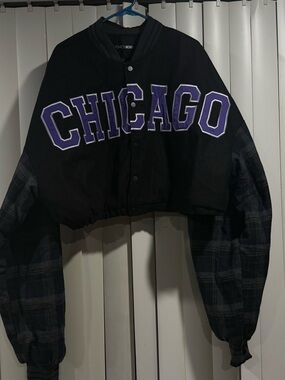 Chicago Cropped Letterman Jacket in Black and Purple